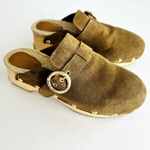 See by Chloe Viviane Clogs Camel Tan Leather Size 39 US 9 Platform Mule Raffia